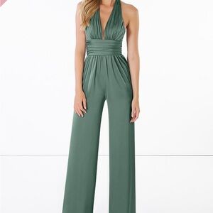 Azazie Oil Stretch Satin Jumpsuit Eucalyptus